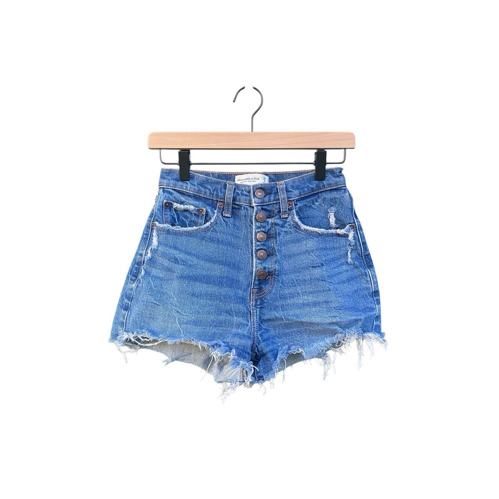 Abercrombie Curve Love Hi Rise Mom Shorts‎ 25 0 Blue Denim Button Fly Distressed